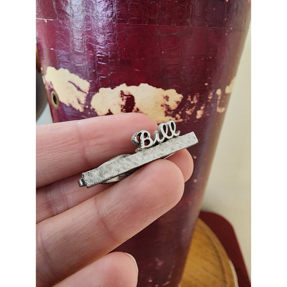 Swank Vintage Silver Tone Bill Name Tie Clip Textured Bar Mid Century Accessory